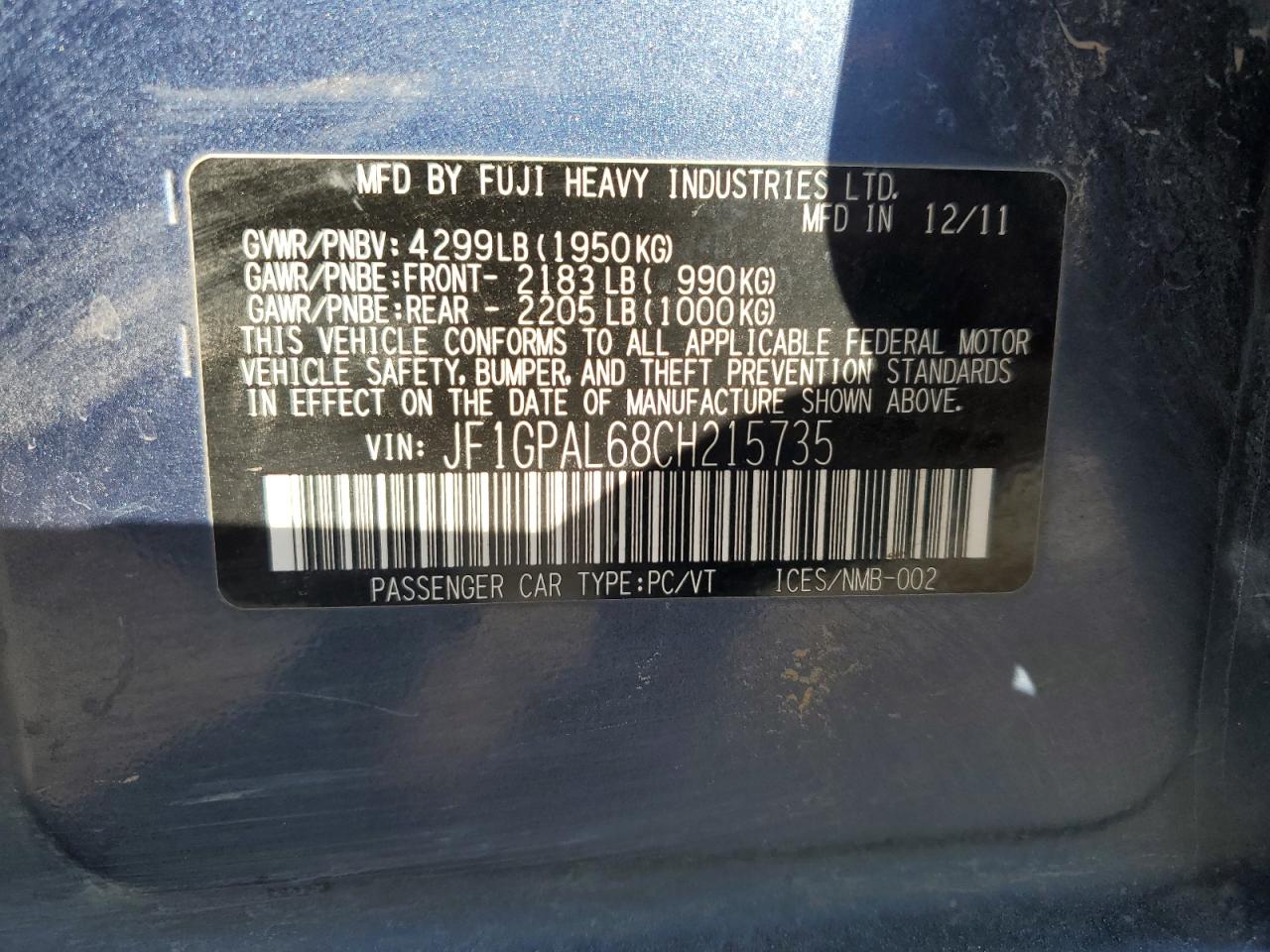 2012 Subaru Impreza Sport Premium VIN: JF1GPAL68CH215735 Lot: 88062945