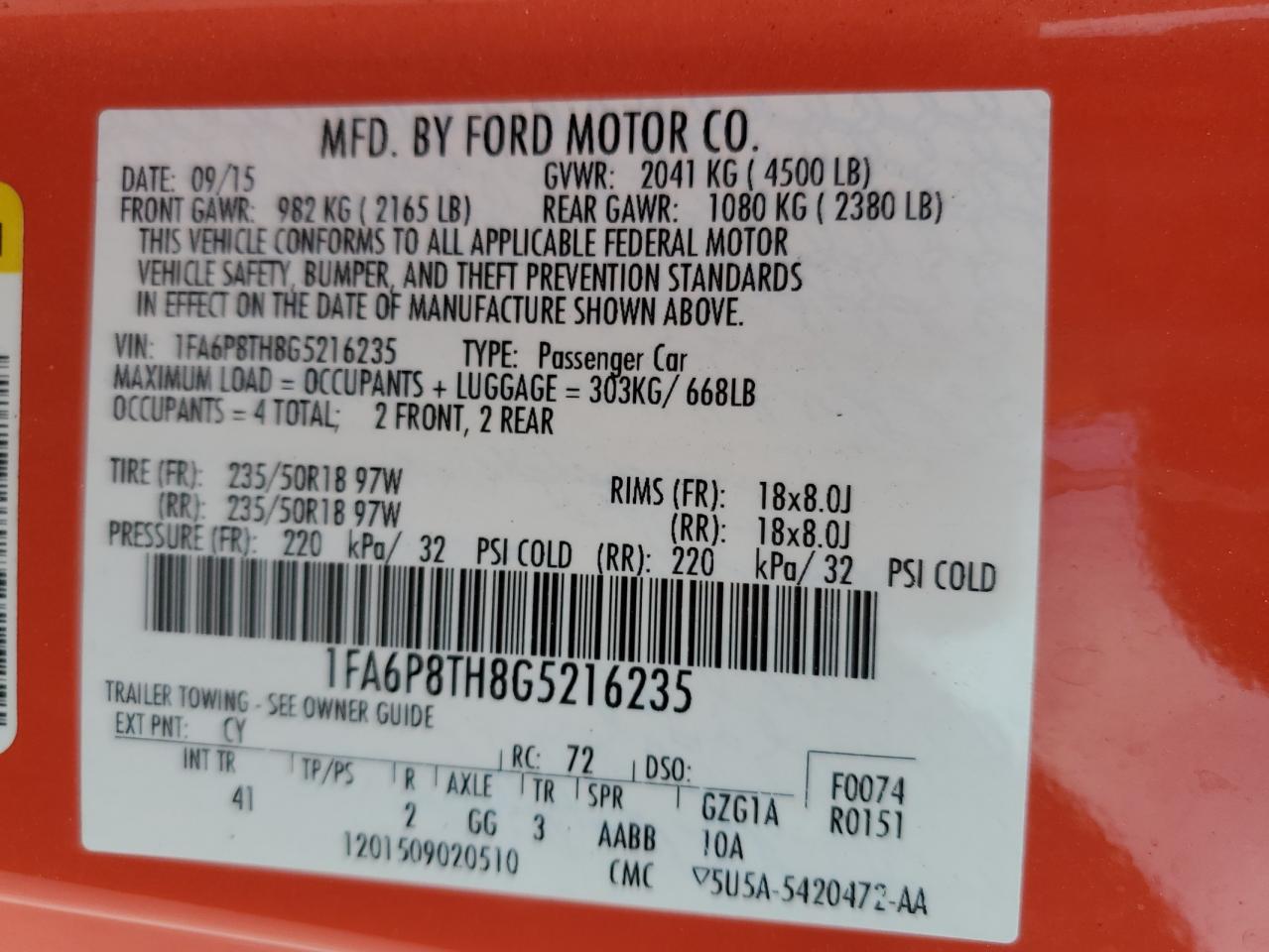 2016 Ford Mustang VIN: 1FA6P8TH8G5216235 Lot: 88654815