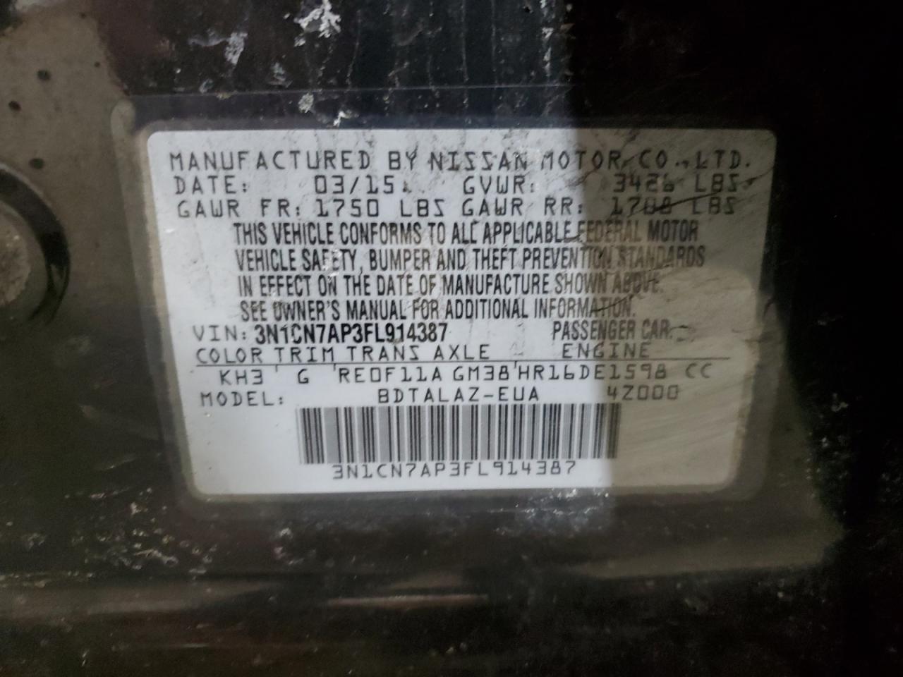 VIN 3N1CN7AP3FL914387 2015 NISSAN VERSA no.12