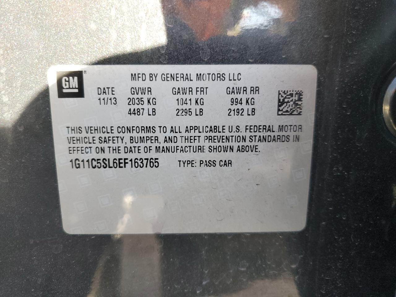 2014 Chevrolet Malibu 1Lt VIN: 1G11C5SL6EF163765 Lot: 89026755