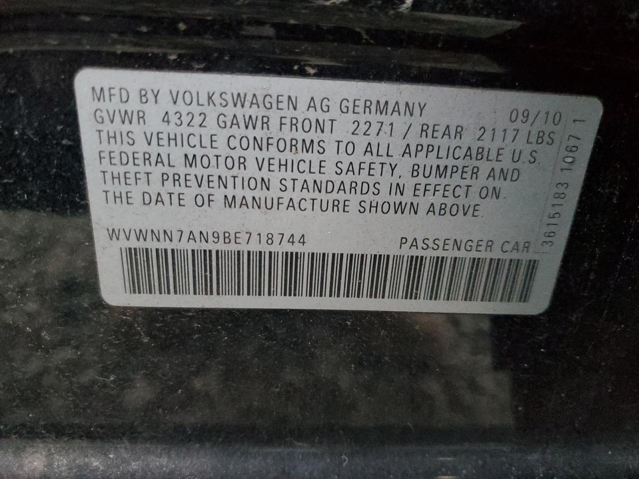 2011 Volkswagen Cc Sport VIN: WVWNN7AN9BE718744 Lot: 88650395