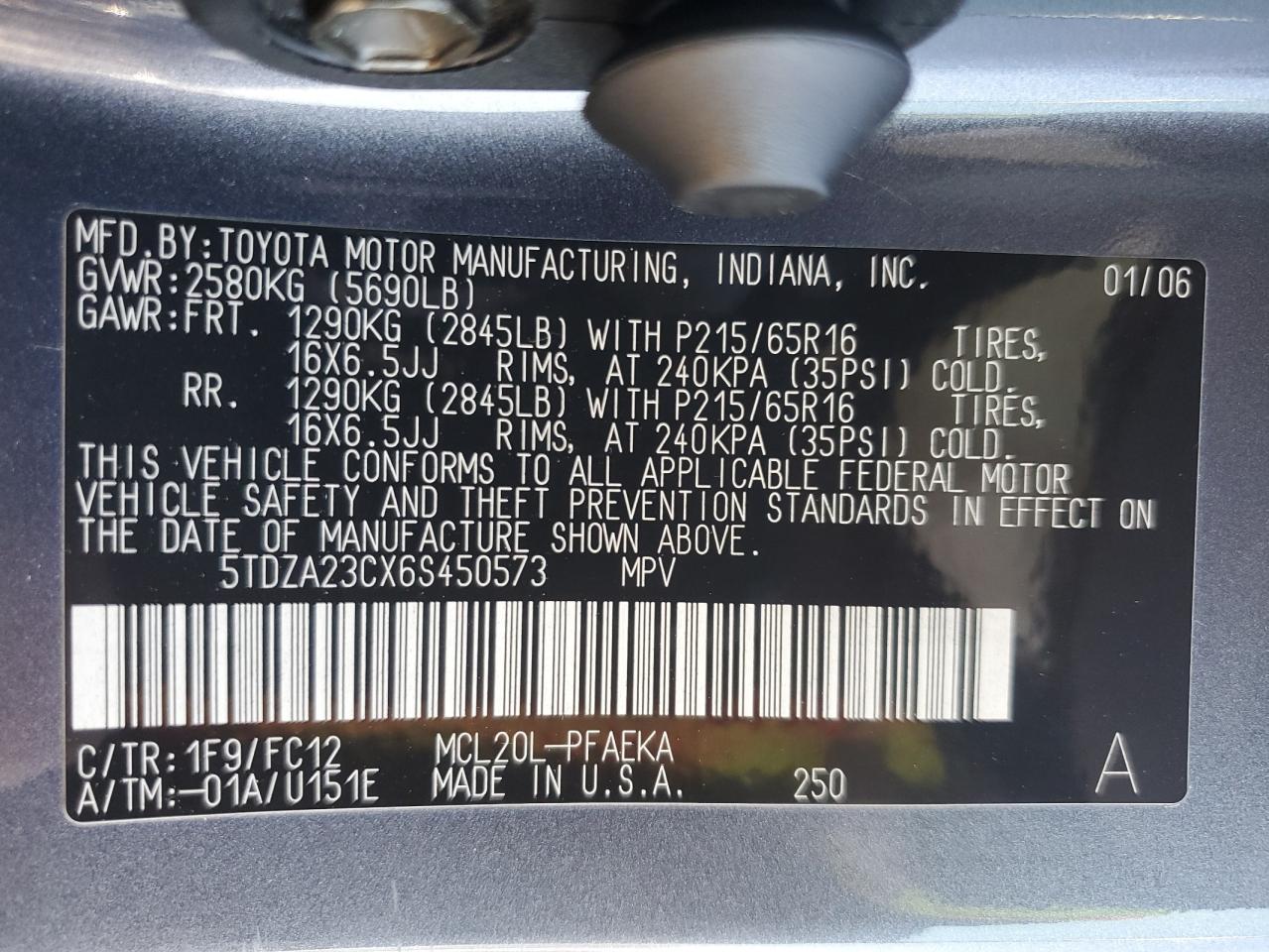 2006 Toyota Sienna Ce VIN: 5TDZA23CX6S450573 Lot: 89318085