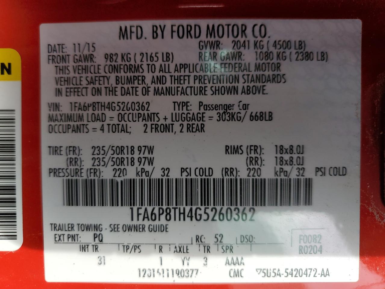 1FA6P8TH4G5260362 FORD ALL Models 2016