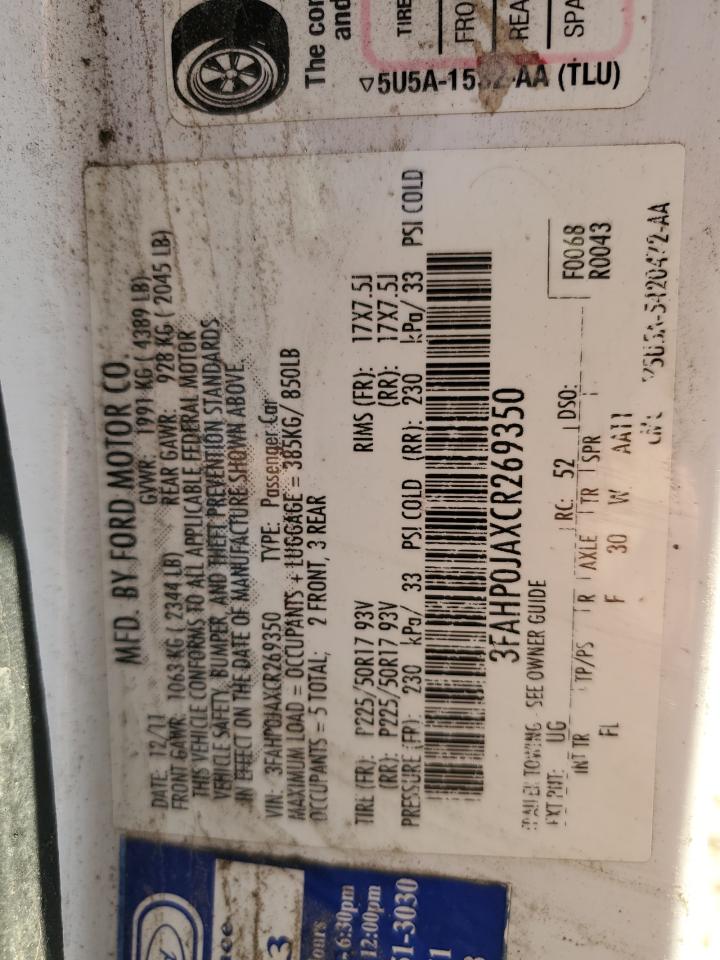 2012 Ford Fusion Sel VIN: 3FAHP0JAXCR269350 Lot: 86521634