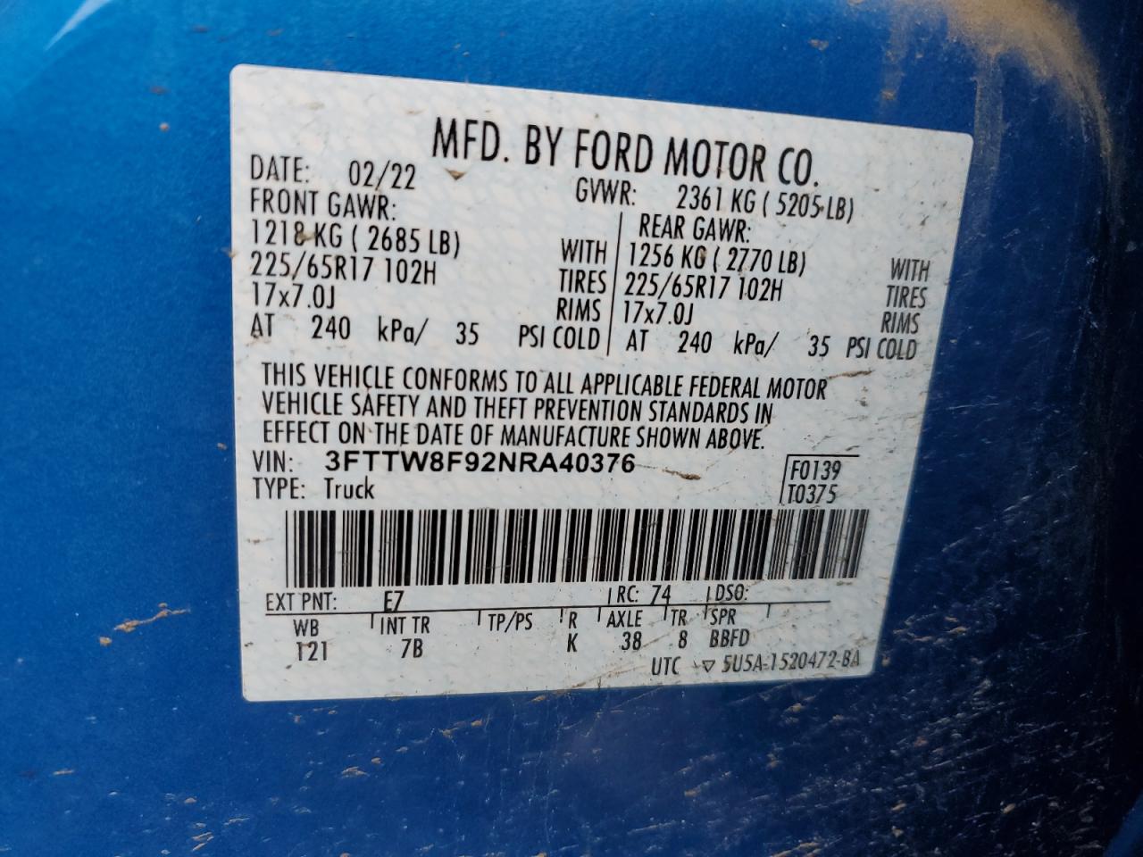 2022 Ford Maverick Xl VIN: 3FTTW8F92NRA40376 Lot: 88257695