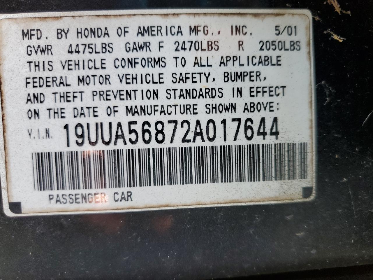 2002 Acura 3.2Tl Type-S VIN: 19UUA56872A017644 Lot: 58513883