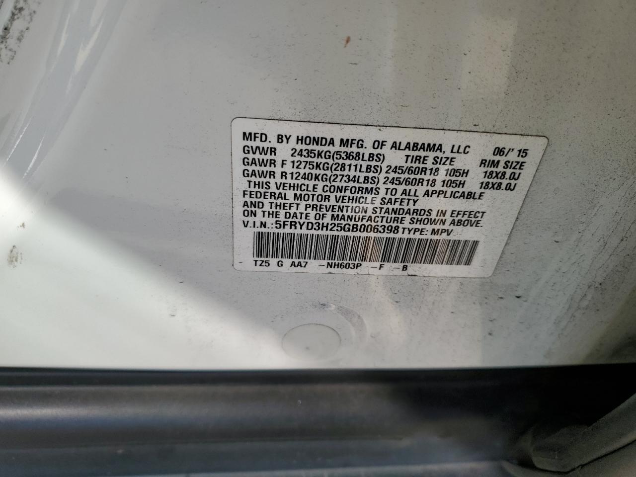 VIN 5FRYD3H25GB006398 2016 ACURA MDX no.13