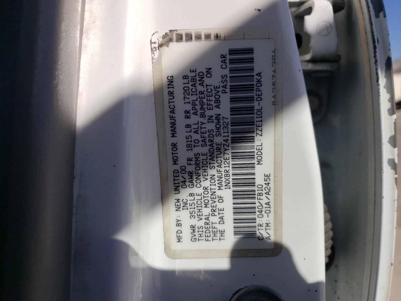 2000 Toyota Corolla Ve VIN: 1NXBR12E7YZ411327 Lot: 88535155