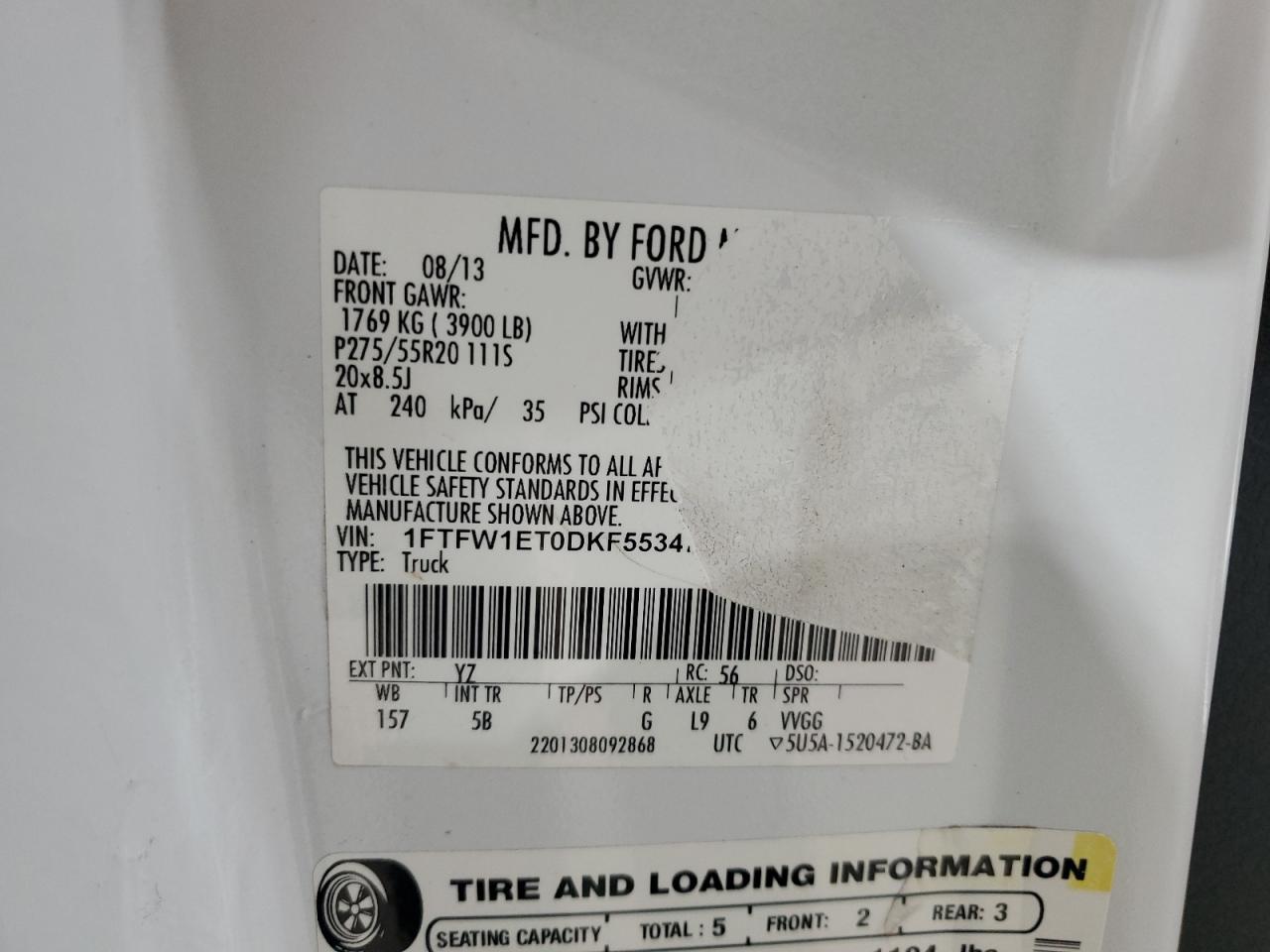 2013 Ford F150 Supercrew VIN: 1FTFW1ET0DKF55347 Lot: 88880095