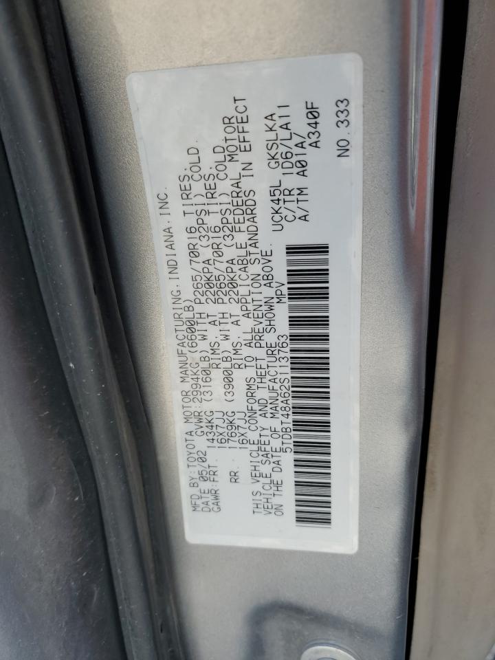 2002 Toyota Sequoia Limited VIN: 5TDBT48A62S113763 Lot: 88865635