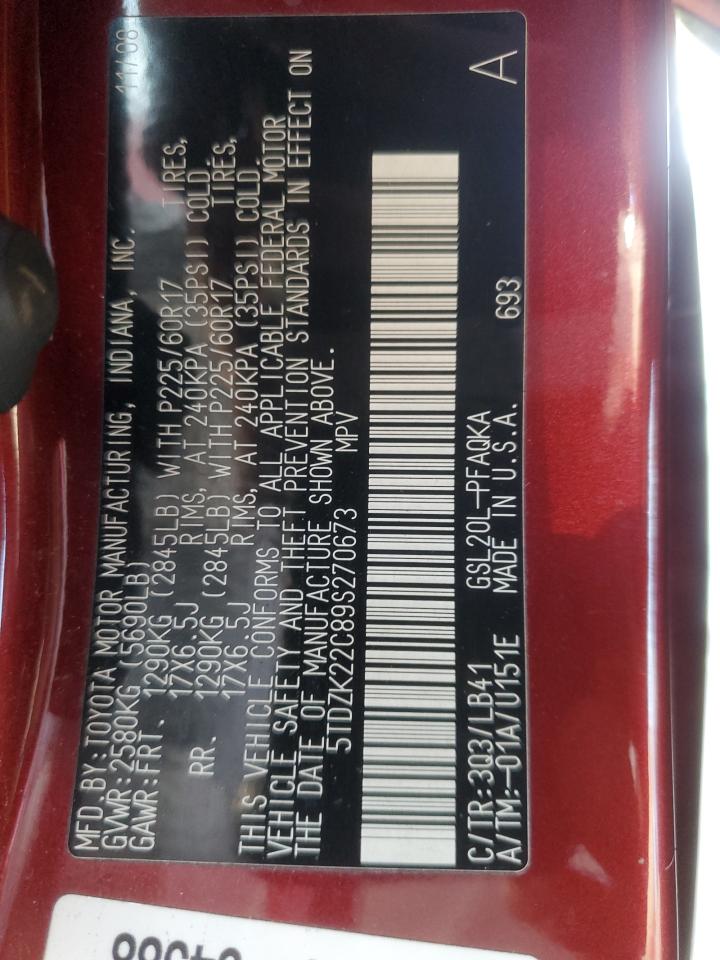 2009 Toyota Sienna Xle VIN: 5TDZK22C89S270673 Lot: 88589375