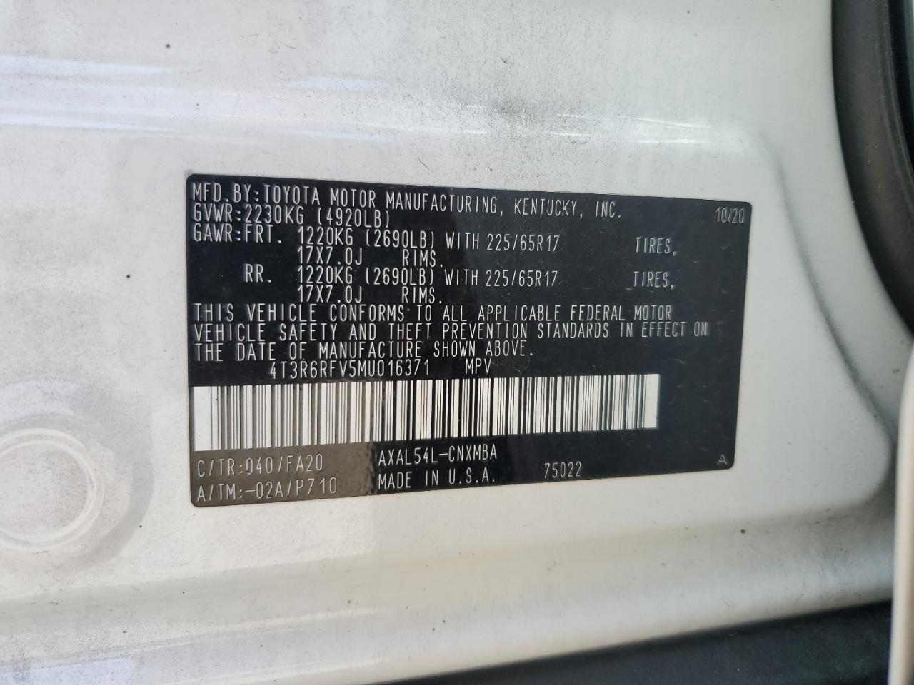 VIN 4T3R6RFV5MU016371 2021 TOYOTA RAV4 no.13