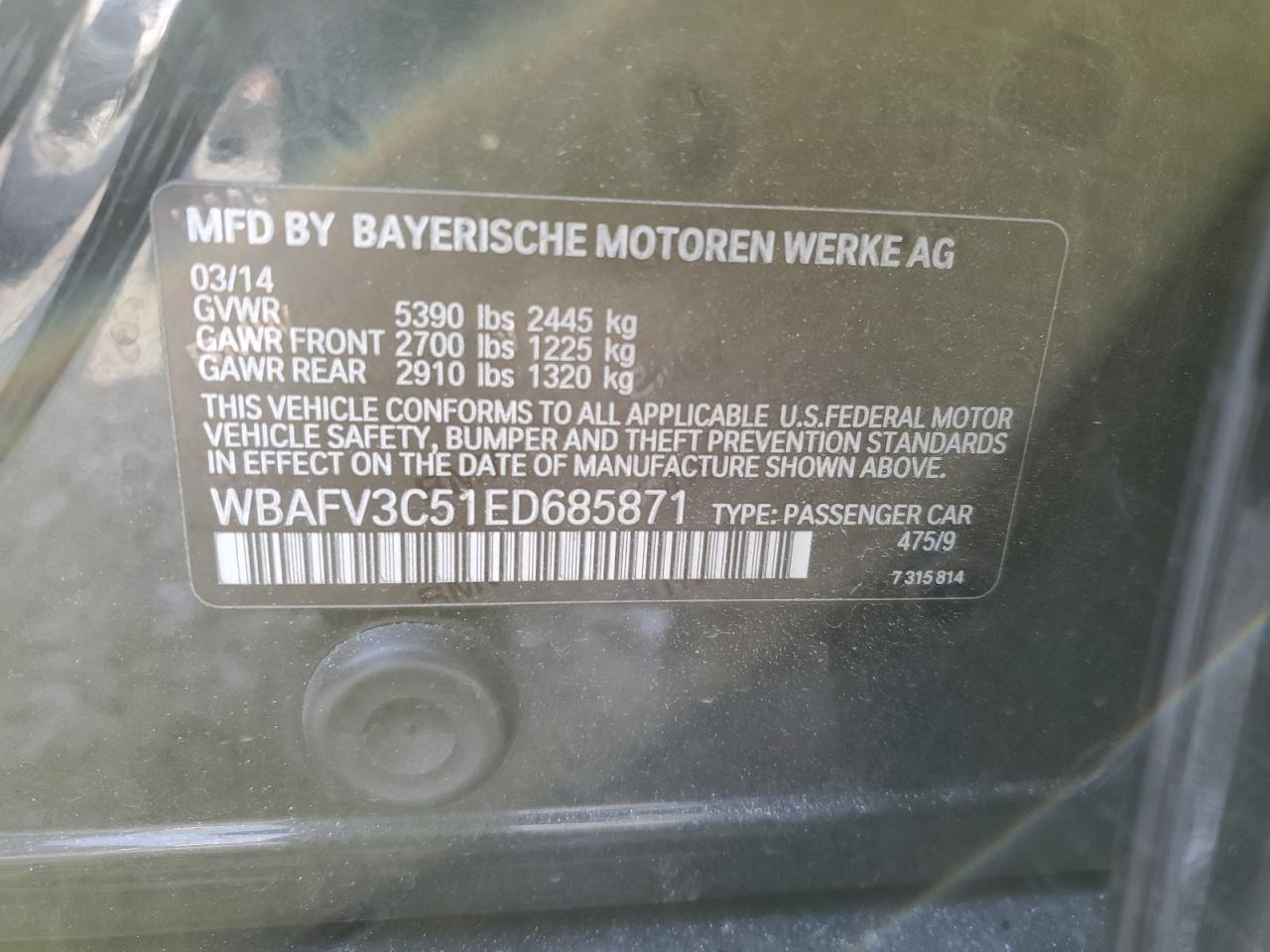 2014 BMW 535 D xDrive VIN: WBAFV3C51ED685871 Lot: 71206995
