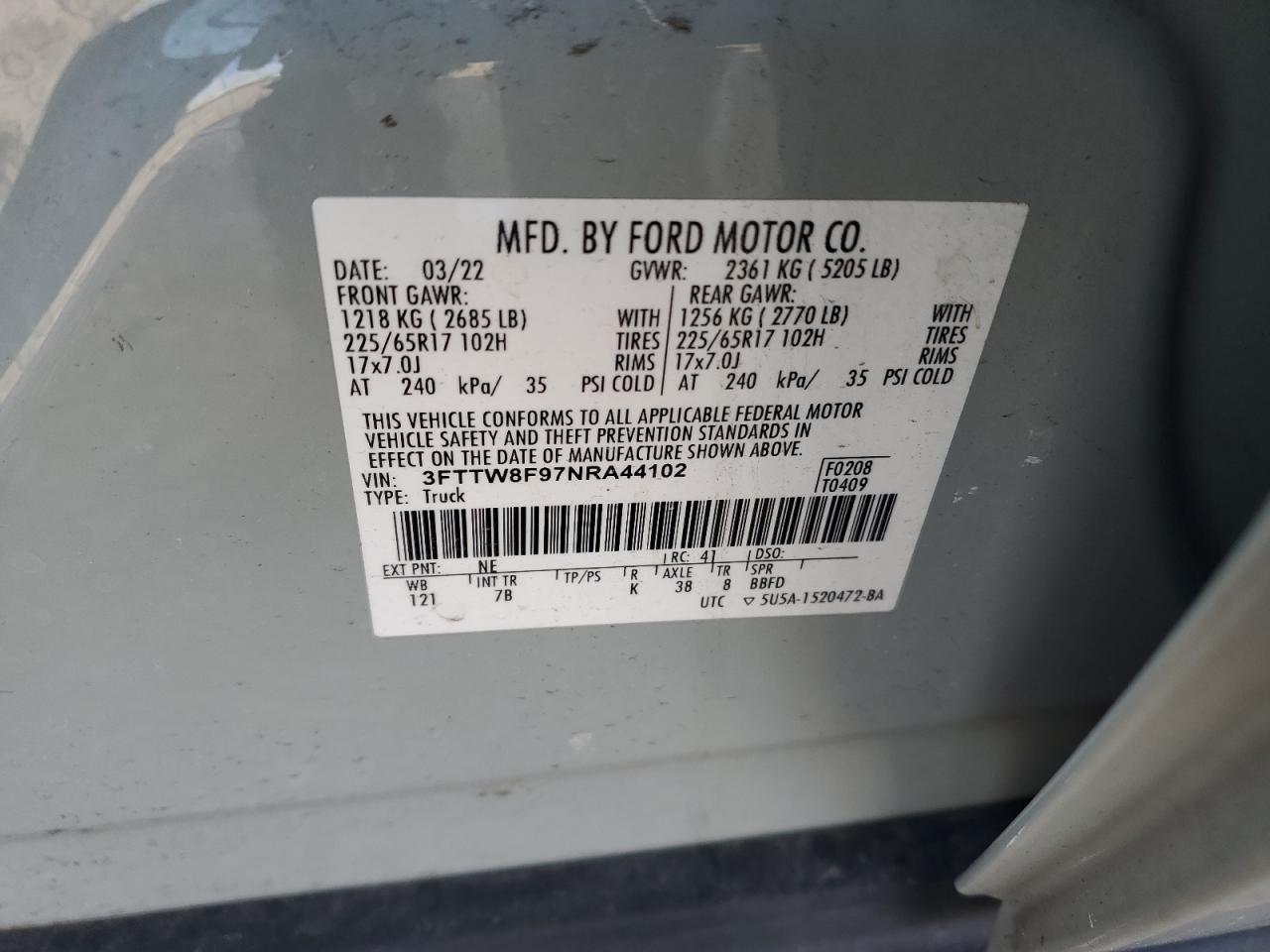2022 Ford Maverick Xl VIN: 3FTTW8F97NRA44102 Lot: 88788565