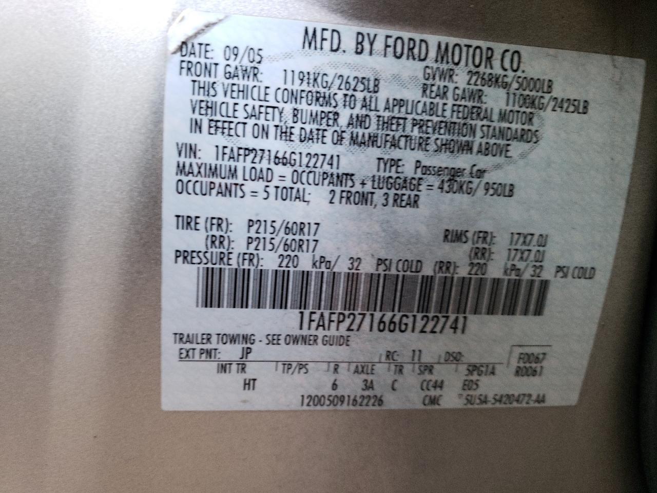 2006 Ford Five Hundred Sel VIN: 1FAFP27166G122741 Lot: 62338685