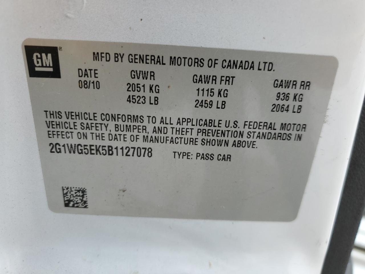 2011 Chevrolet Impala Lt VIN: 2G1WG5EK5B1127078 Lot: 87528735