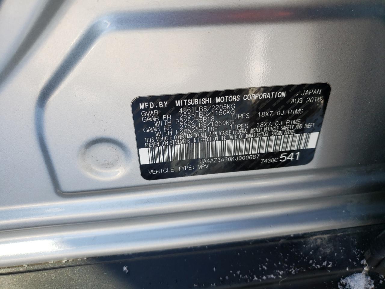 2019 Mitsubishi Outlander Se VIN: JA4AZ3A30KJ000687 Lot: 42183335