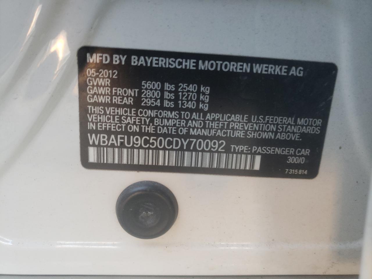 2012 BMW 550 Xi VIN: WBAFU9C50CDY70092 Lot: 42312295