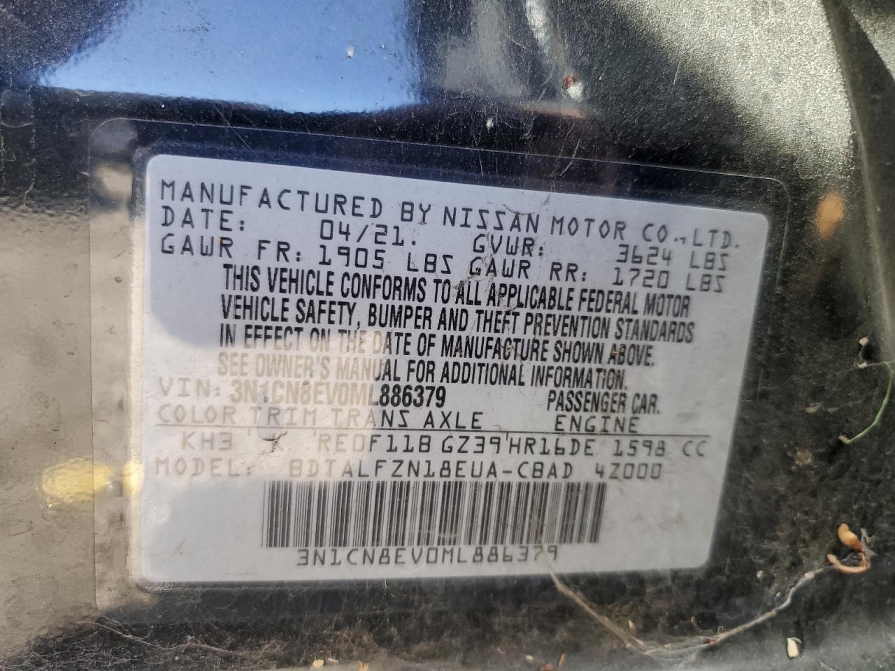 VIN 3N1CN8EV0ML886379 2021 NISSAN VERSA no.12