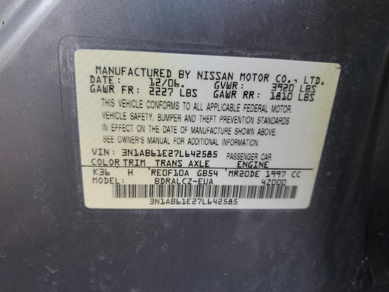 2007 Nissan Sentra 2.0 VIN: 3N1AB61E27L642585 Lot: 88928685