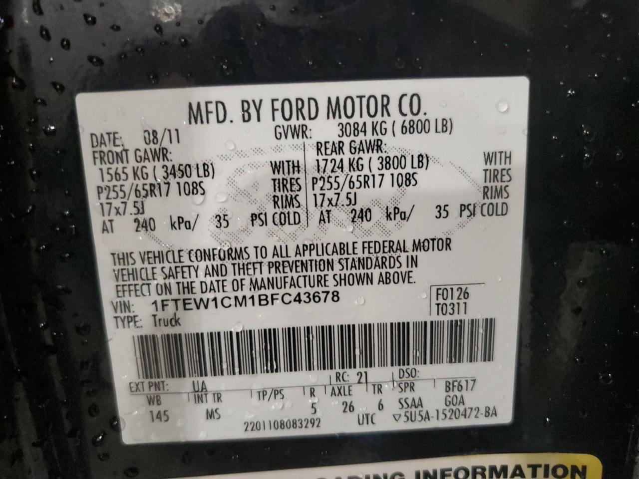 2011 Ford F150 Supercrew VIN: 1FTEW1CM1BFC43678 Lot: 89065355