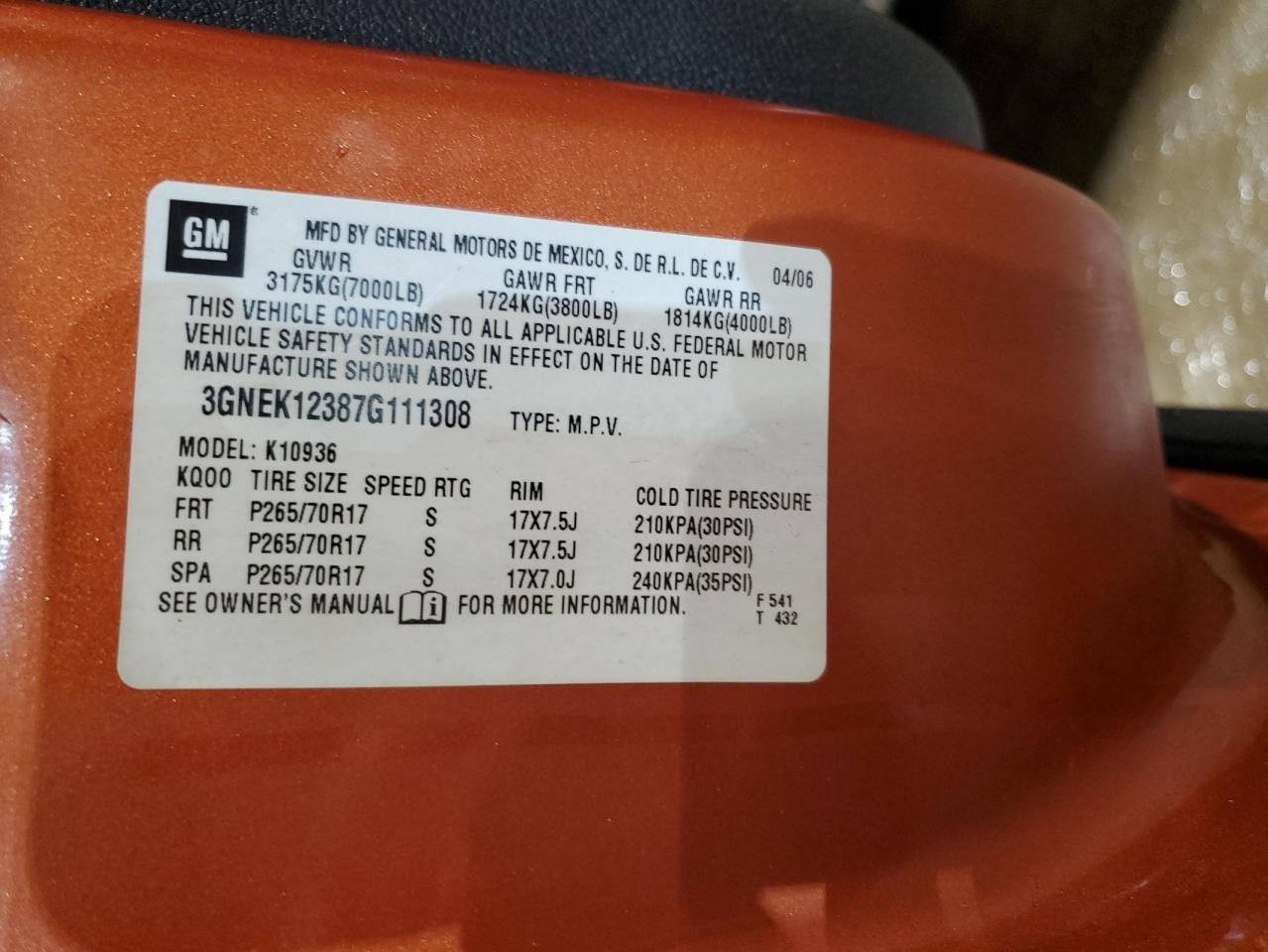 2007 Chevrolet Avalanche K1500 VIN: 3GNEK12387G111308 Lot: 43022945