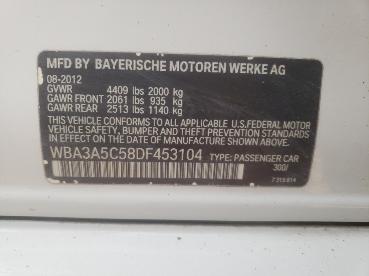 VIN WBA3A5C58DF453104 2013 BMW 3 SERIES no.12