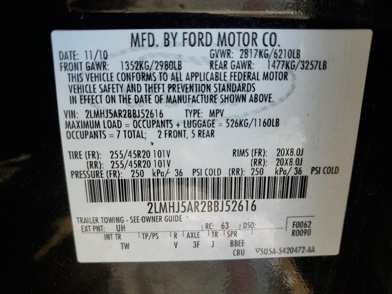 2011 Lincoln Mkt VIN: 2LMHJ5AR2BBJ52616 Lot: 88240185