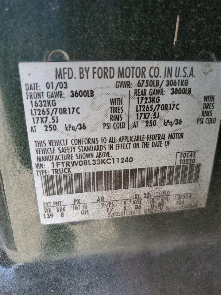 2003 Ford F150 Supercrew VIN: 1FTRW08L33KC11240 Lot: 86686464