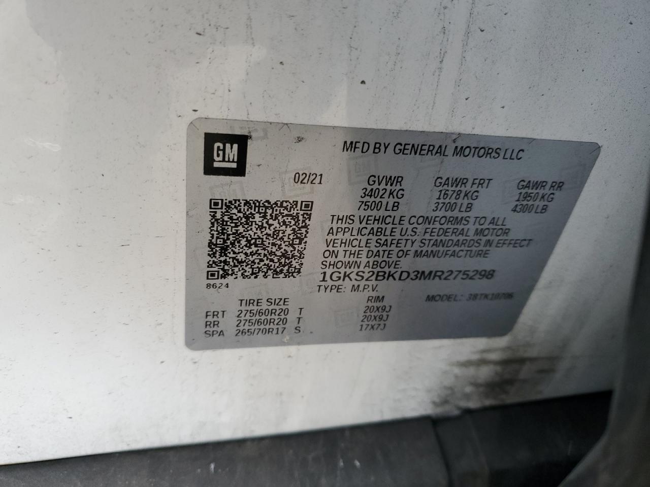 2021 GMC Yukon Slt VIN: 1GKS2BKD3MR275298 Lot: 86153154