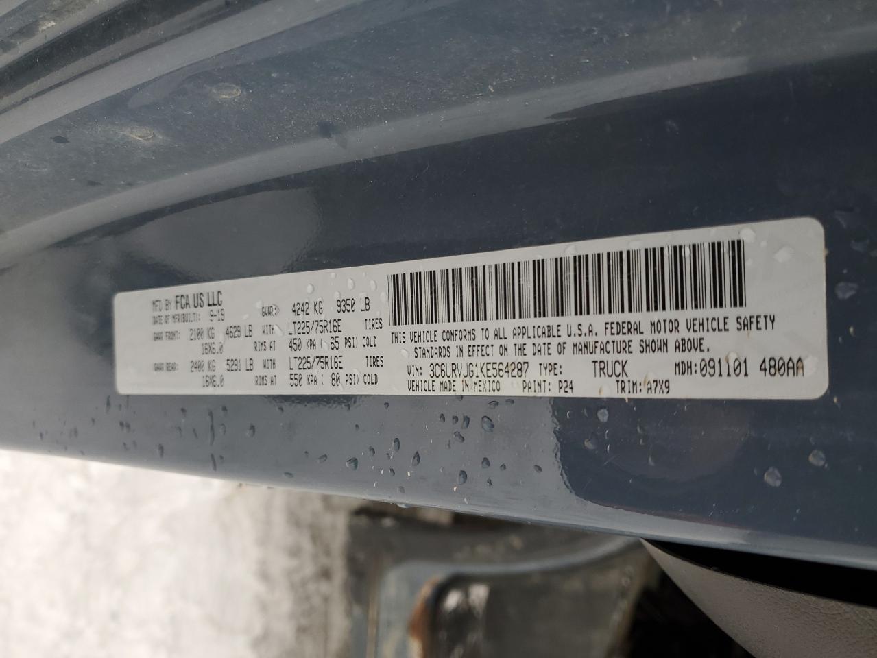 2019 Ram Promaster 3500 3500 High VIN: 3C6URVJG1KE564287 Lot: 42301145