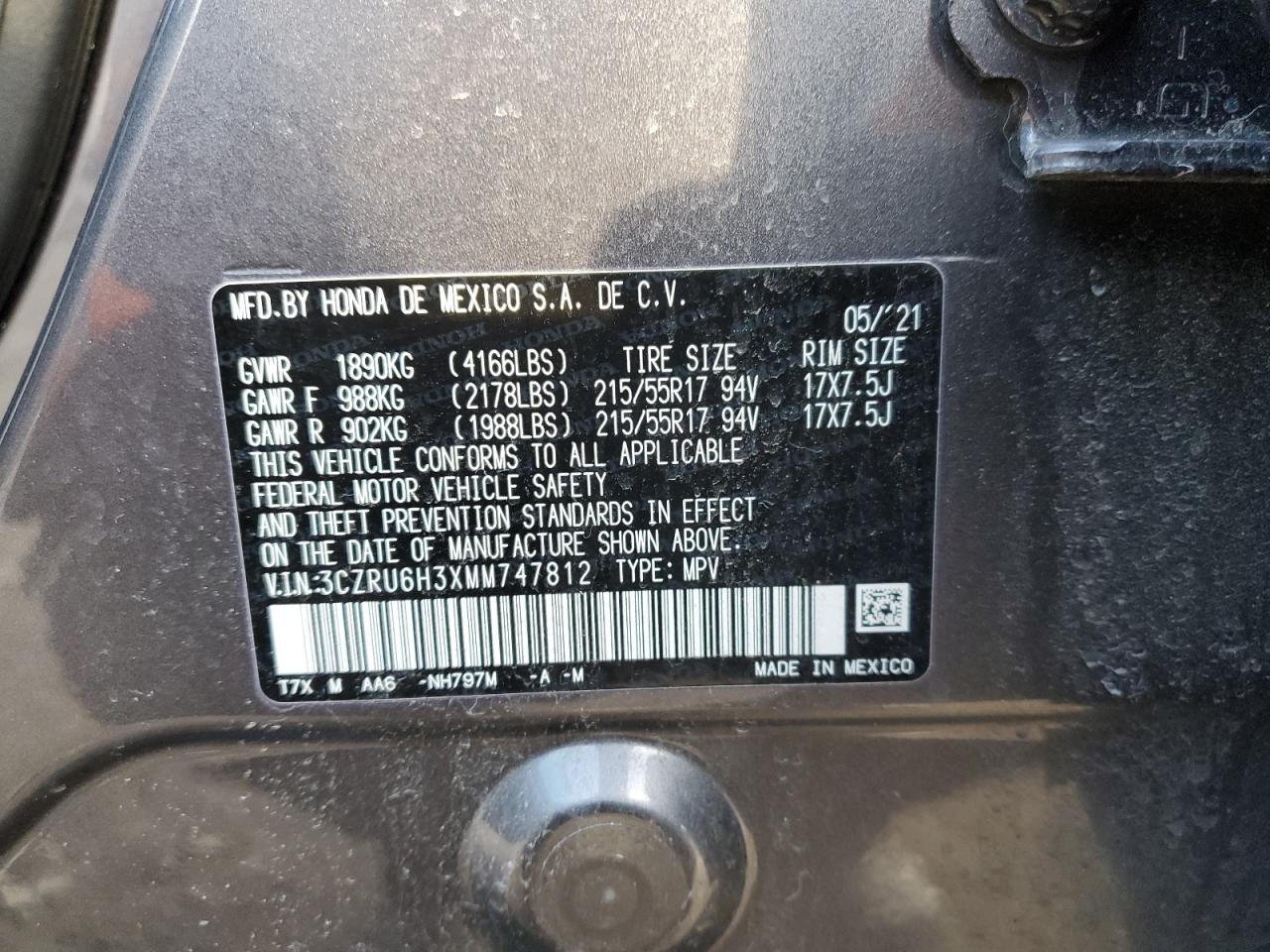 2021 Honda Hr-V Lx VIN: 3CZRU6H3XMM747812 Lot: 87461824