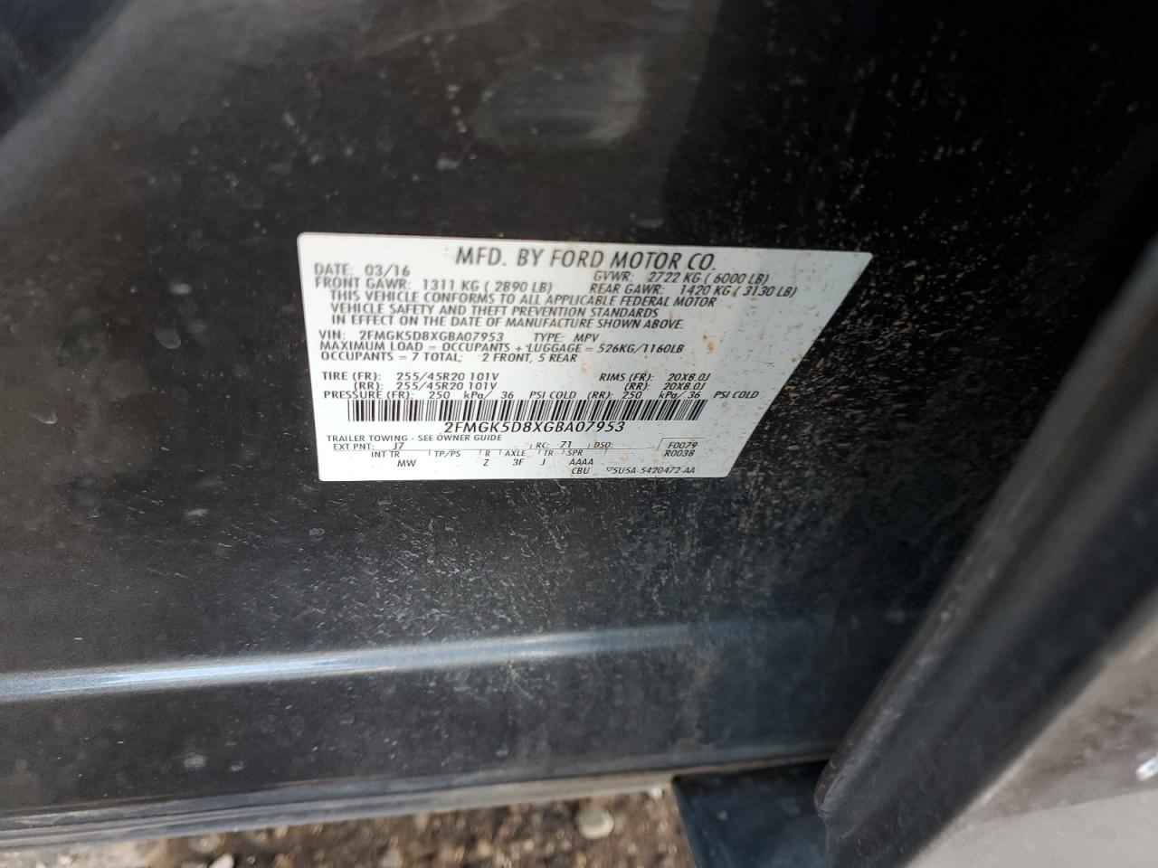 2FMGK5D8XGBA07953 FORD FLEX 2016