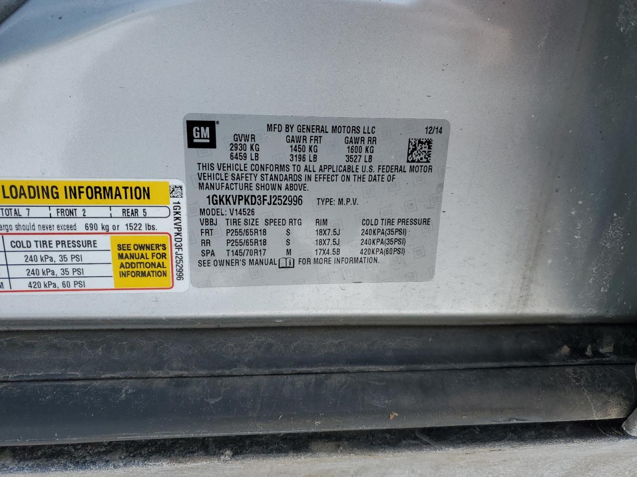 2015 GMC Acadia Sle VIN: 1GKKVPKD3FJ252996 Lot: 89353145