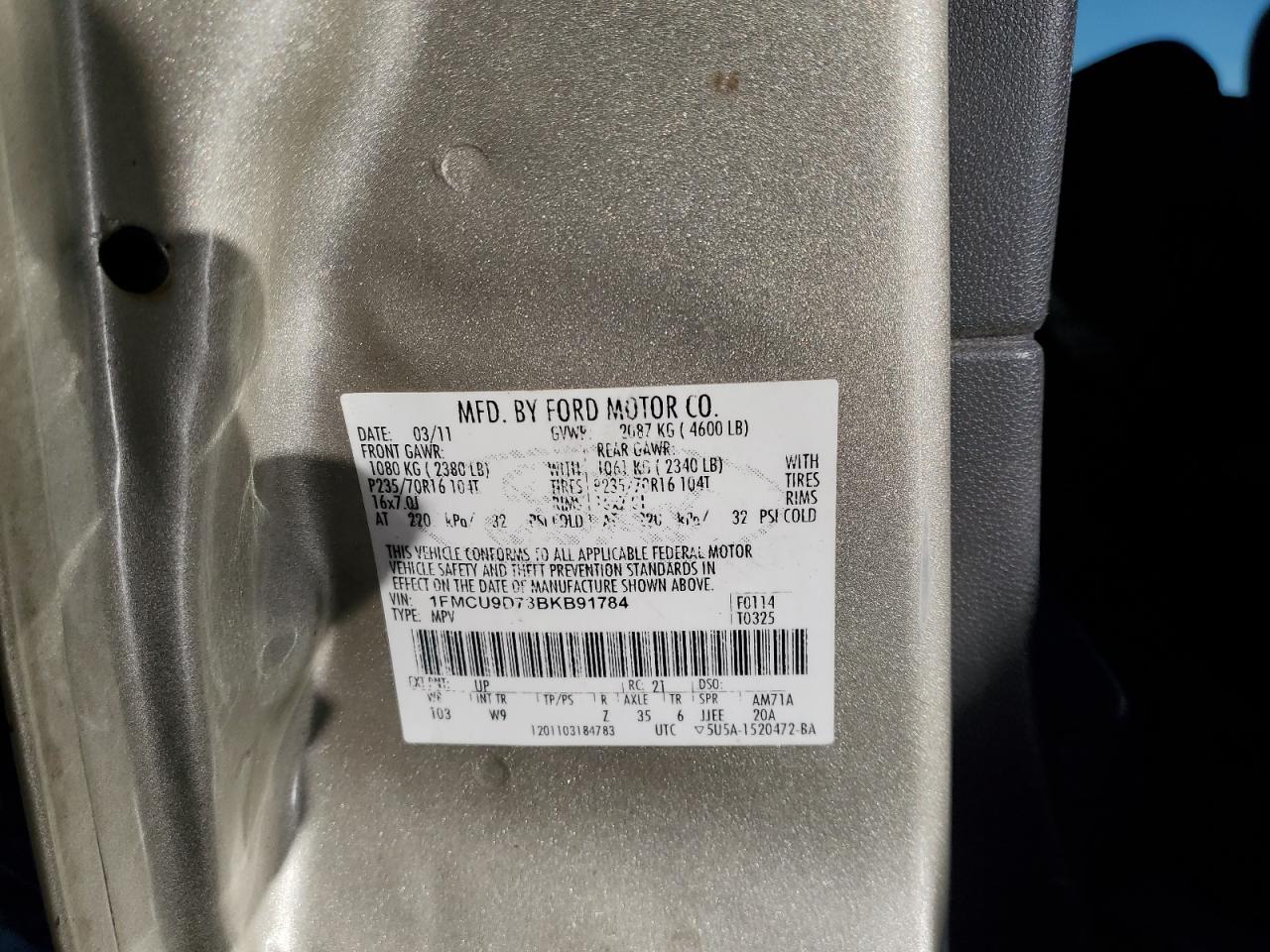 2011 Ford Escape Xlt VIN: 1FMCU9D73BKB91784 Lot: 42897035
