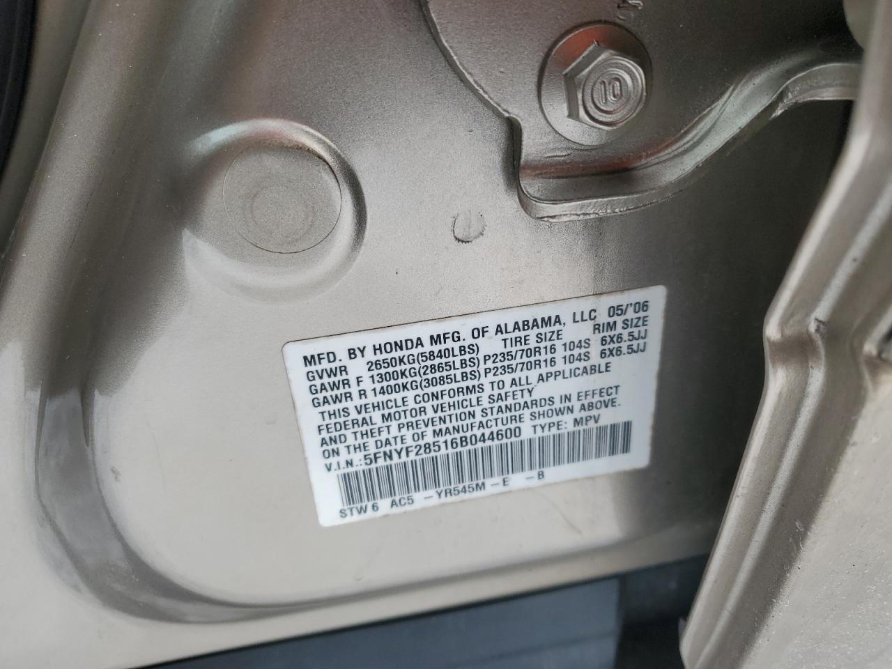 2006 Honda Pilot Ex VIN: 5FNYF28516B044600 Lot: 69854105