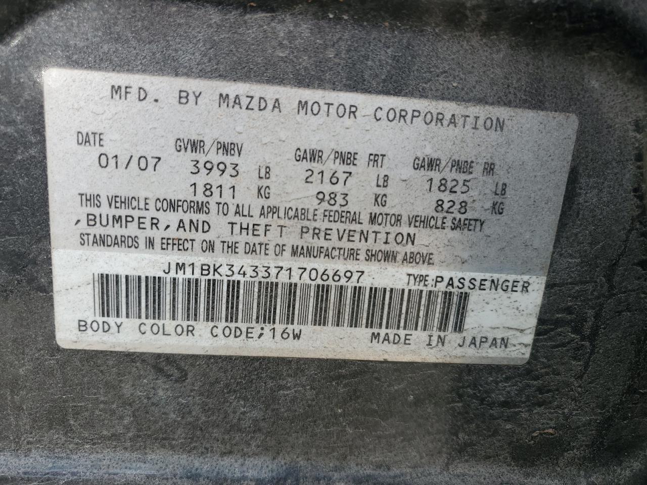 2007 Mazda 3 Hatchback VIN: JM1BK343371706697 Lot: 42169215