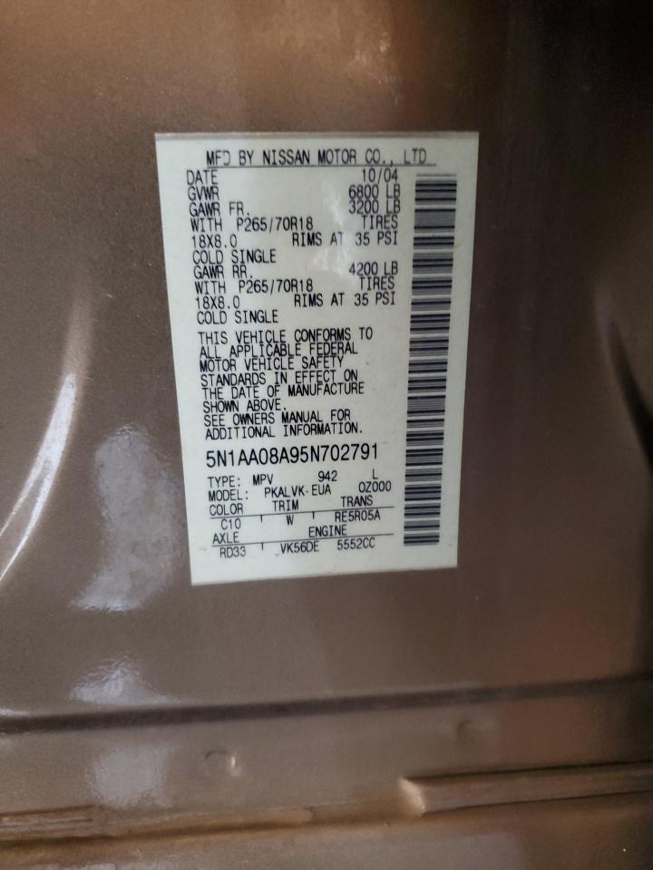 2005 Nissan Armada Se VIN: 5N1AA08A95N702791 Lot: 87294824