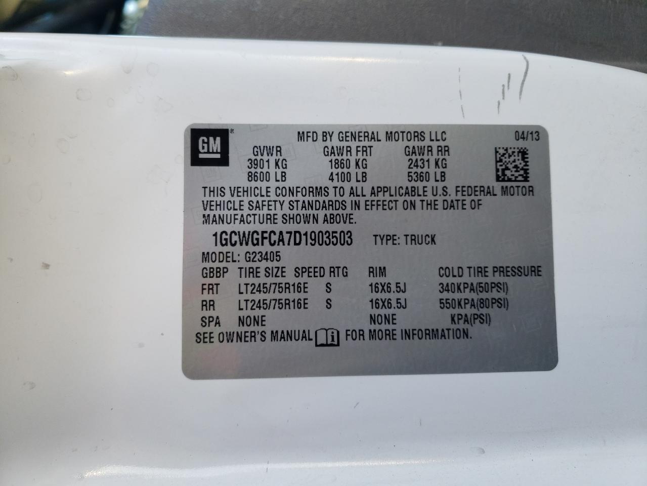 2013 Chevrolet Express G2500 VIN: 1GCWGFCA7D1903503 Lot: 89126145