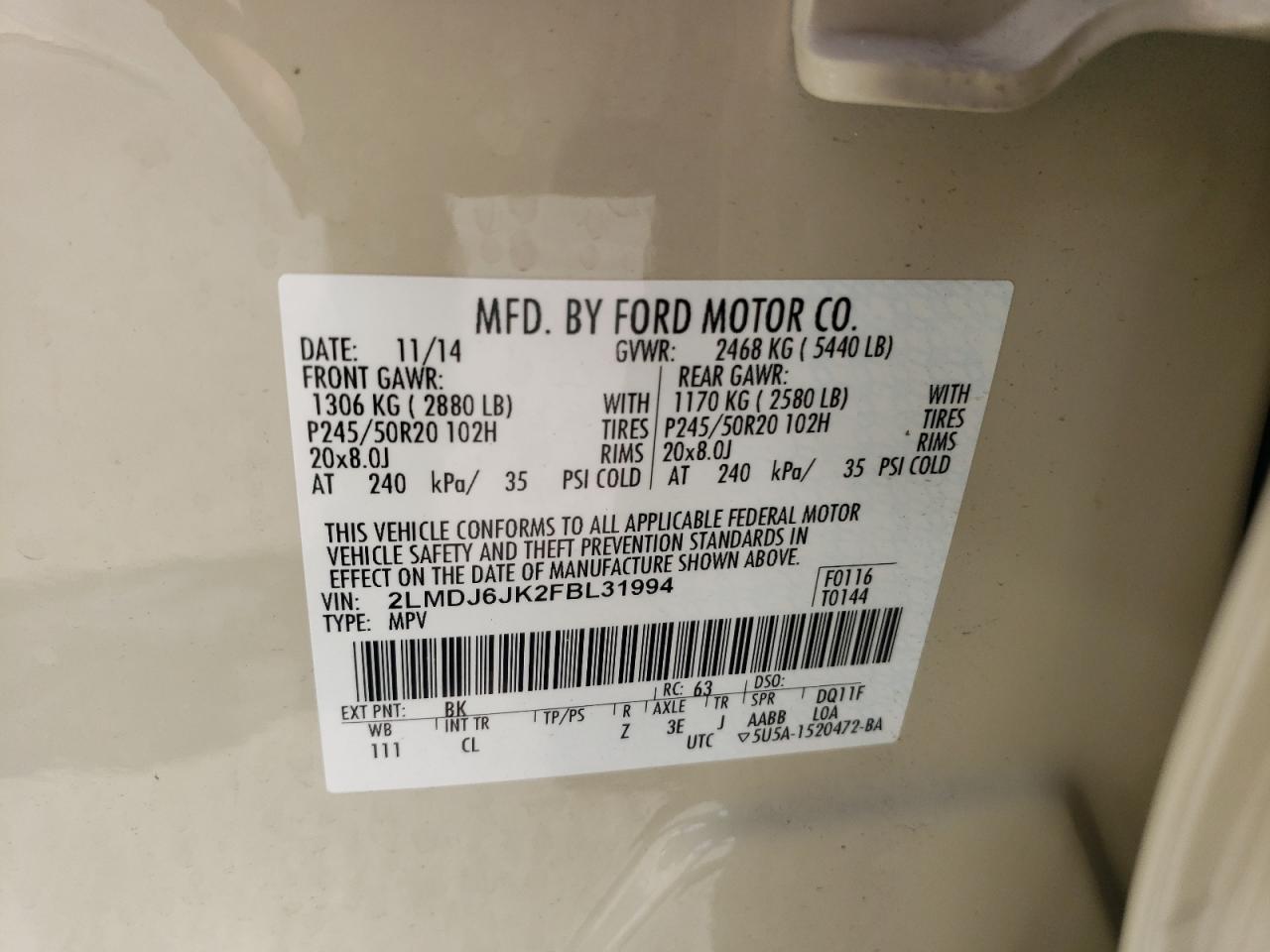 2015 Lincoln Mkx VIN: 2LMDJ6JK2FBL31994 Lot: 88520725