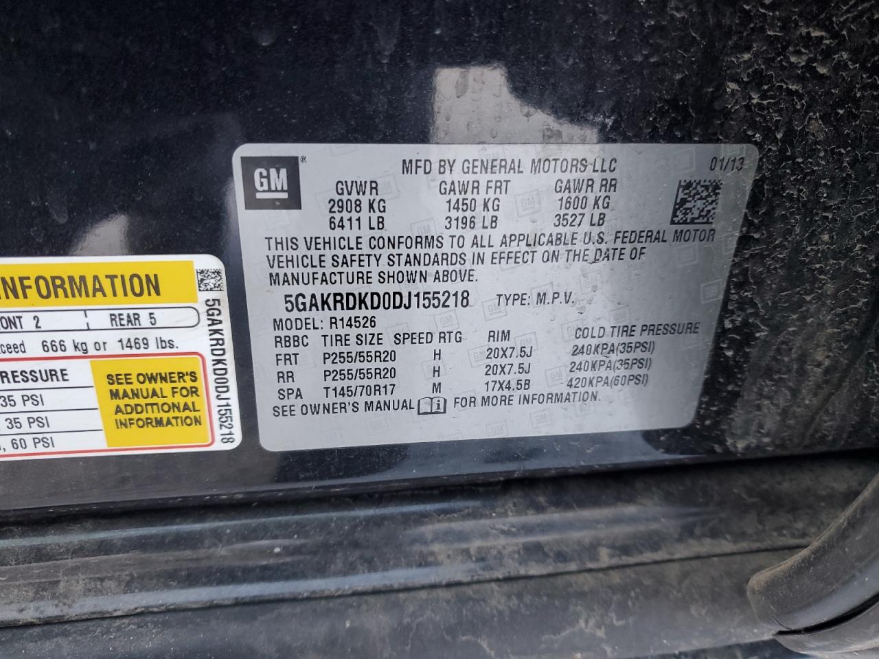 2013 Buick Enclave VIN: 5GAKRDKD0DJ155218 Lot: 41503525