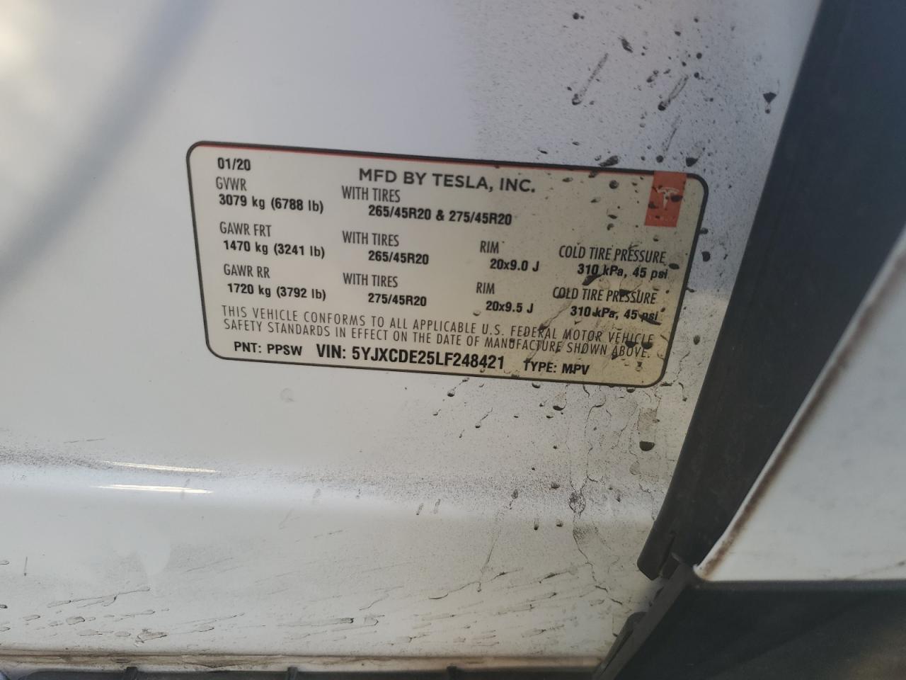 2020 Tesla Model X VIN: 5YJXCDE25LF248421 Lot: 89010875