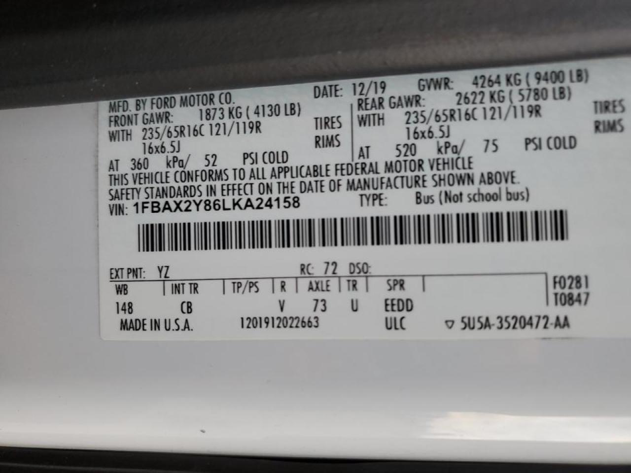 2020 Ford Transit T-350 VIN: 1FBAX2Y86LKA24158 Lot: 84503734