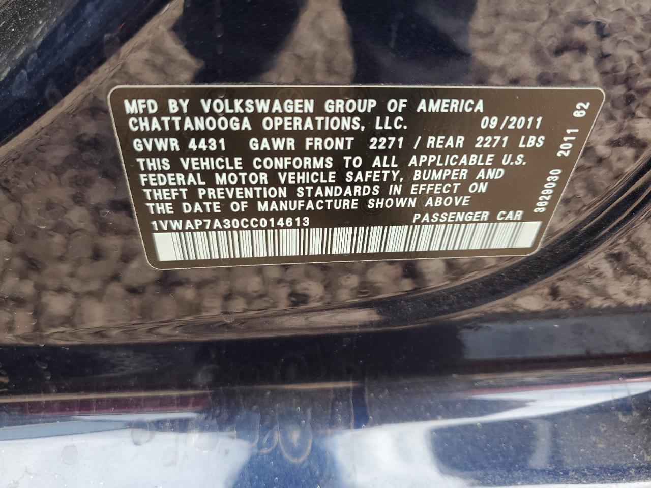 2012 Volkswagen Passat S VIN: 1VWAP7A30CC014613 Lot: 87763995