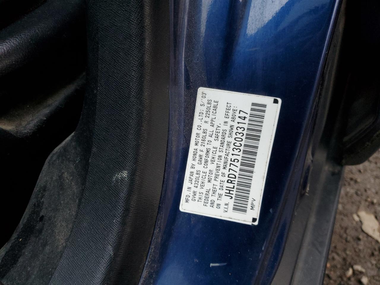 2003 Honda Cr-V Lx VIN: JHLRD77513C033147 Lot: 87937425