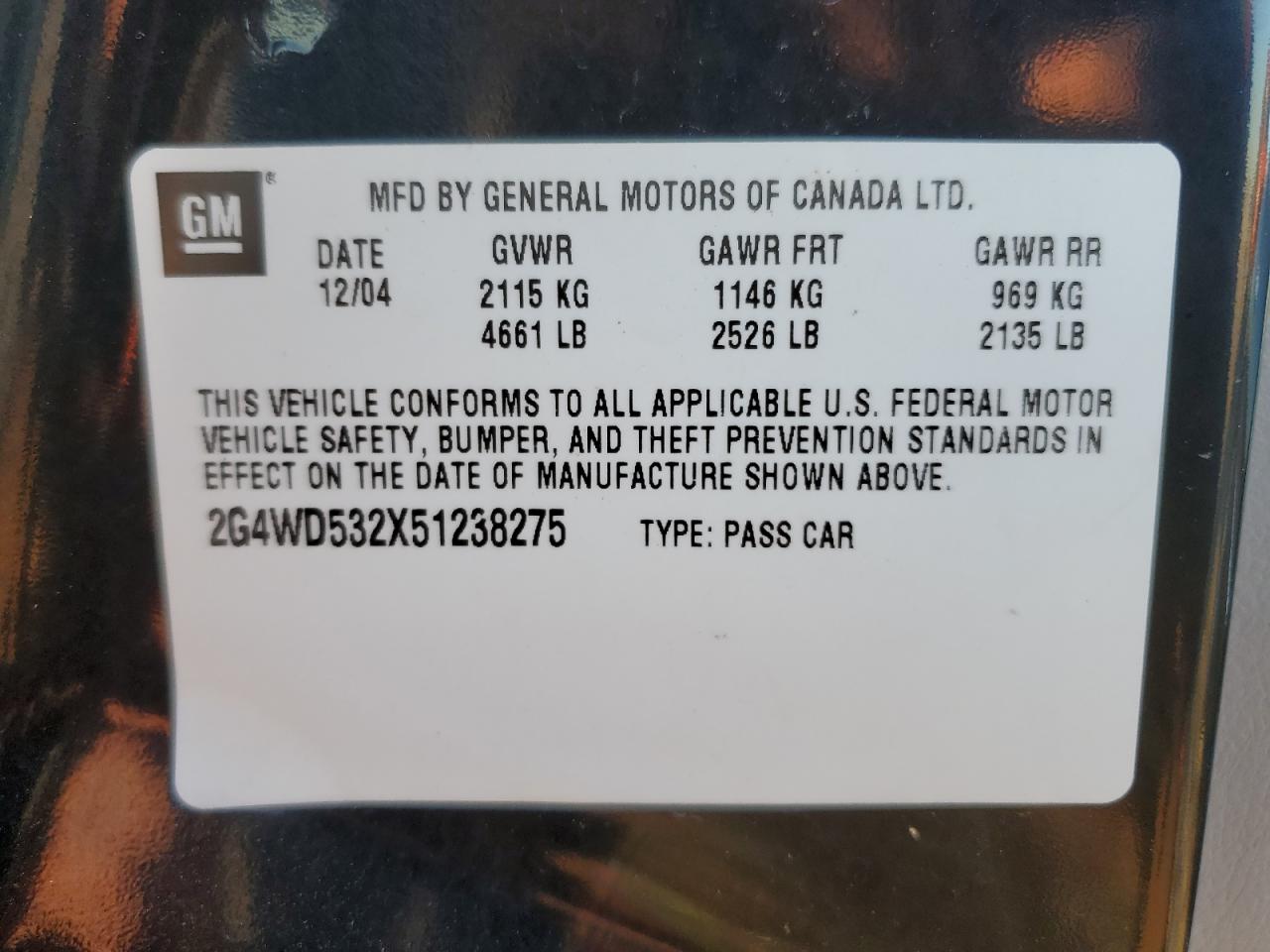 2005 Buick Lacrosse Cxl VIN: 2G4WD532X51238275 Lot: 42811485