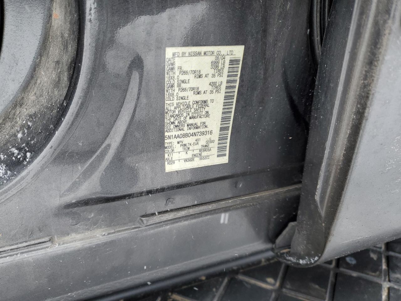 2004 Nissan Armada Se VIN: 5N1AA08B04N739316 Lot: 88023895