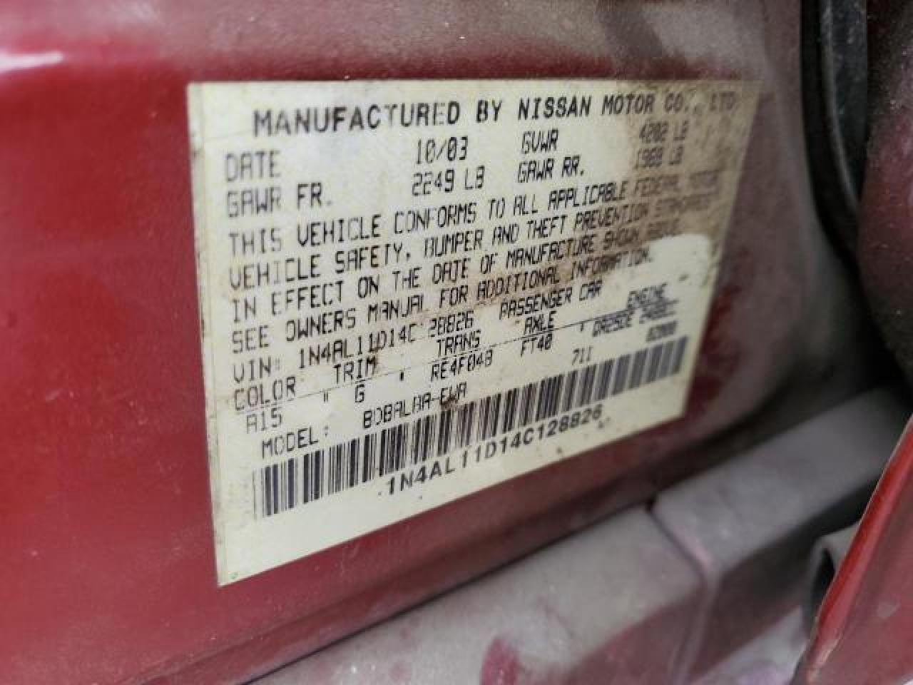 2004 Nissan Altima Base VIN: 1N4AL11D14C128826 Lot: 88986165