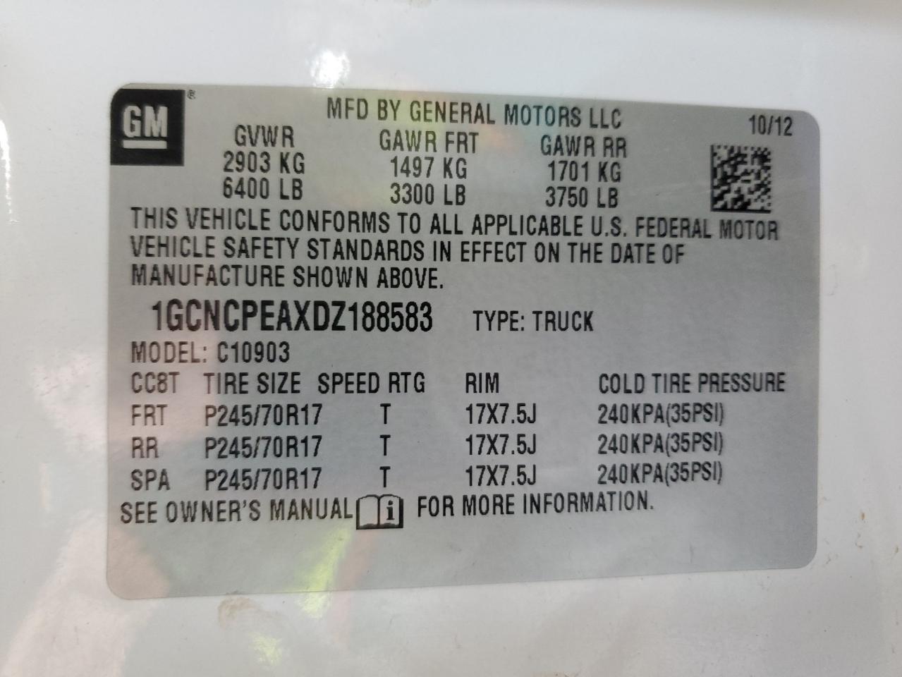 VIN 1GCNCPEAXDZ188583 2013 CHEVROLET ALL Models no.12