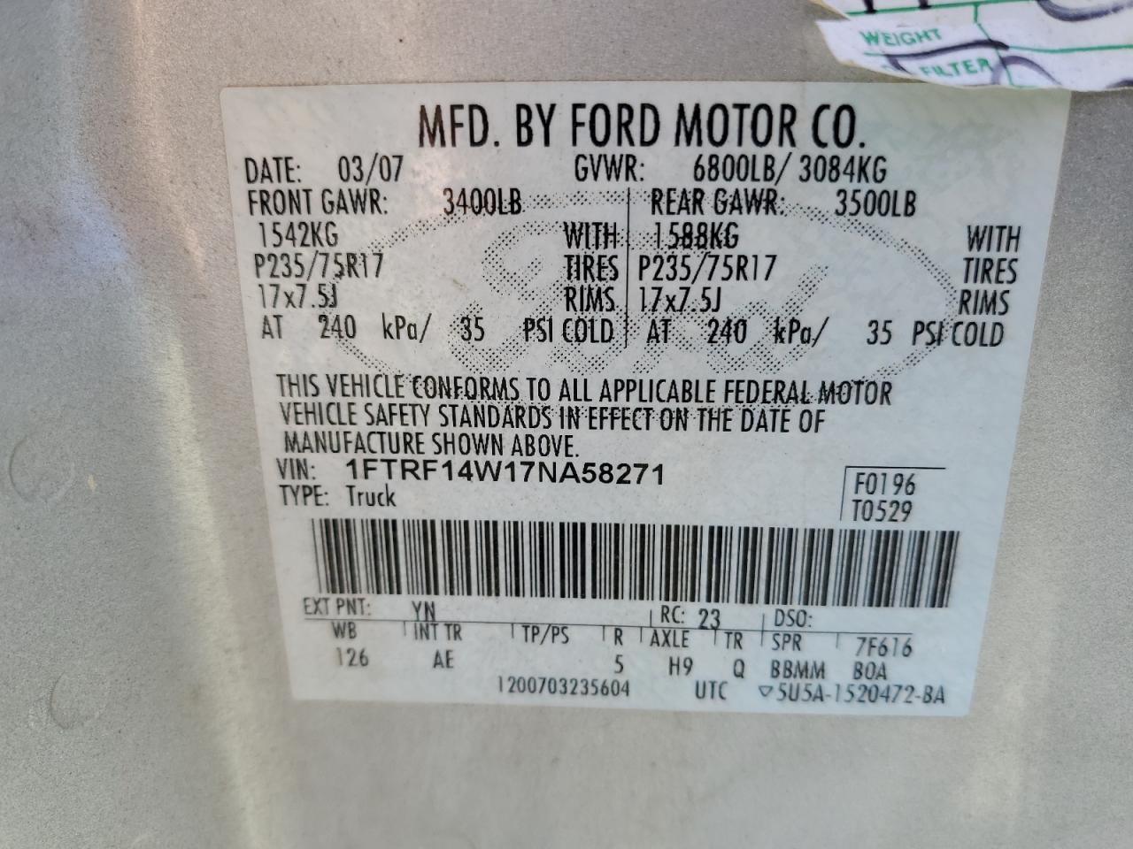 2007 Ford F150 VIN: 1FTRF14W17NA58271 Lot: 88955105